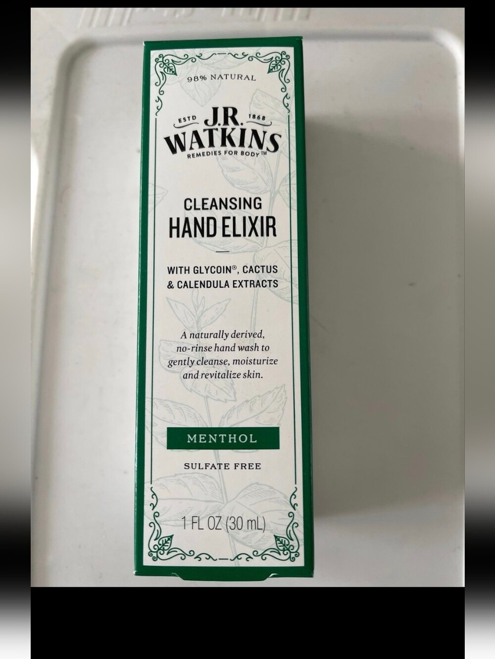 JR Watkins Cleansing Hand Elixir Nourishing Hand Treatment NIB 30ml - Menthol